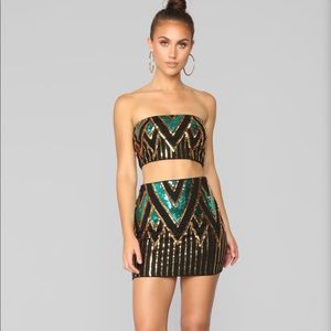 Teal and black bandeau and skirt set